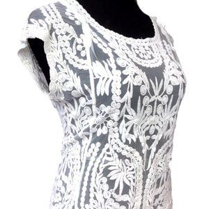 PAPER-TEE  Basic Embroidered  Lace Top Tank Short Sleeve  Round Neck Cotton S